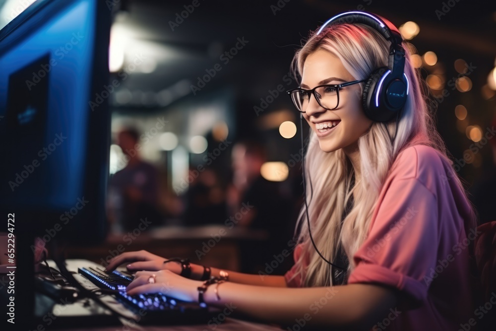 Beautiful young alternative blonde female playing online games in a Esports Gaming Cafe Beautiful young alternative blonde female playing online games in a Esports Gaming Cafe