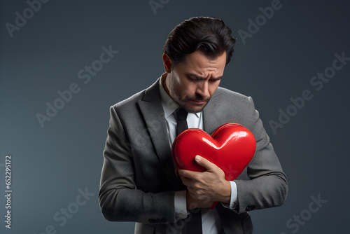 Mental health, Depression, Loss and disappointment, Concept of man hugging a broken heart, Heartbroken, Hurt, Sad mood, A failed businessman, Generative AI illustration © rabbizz77