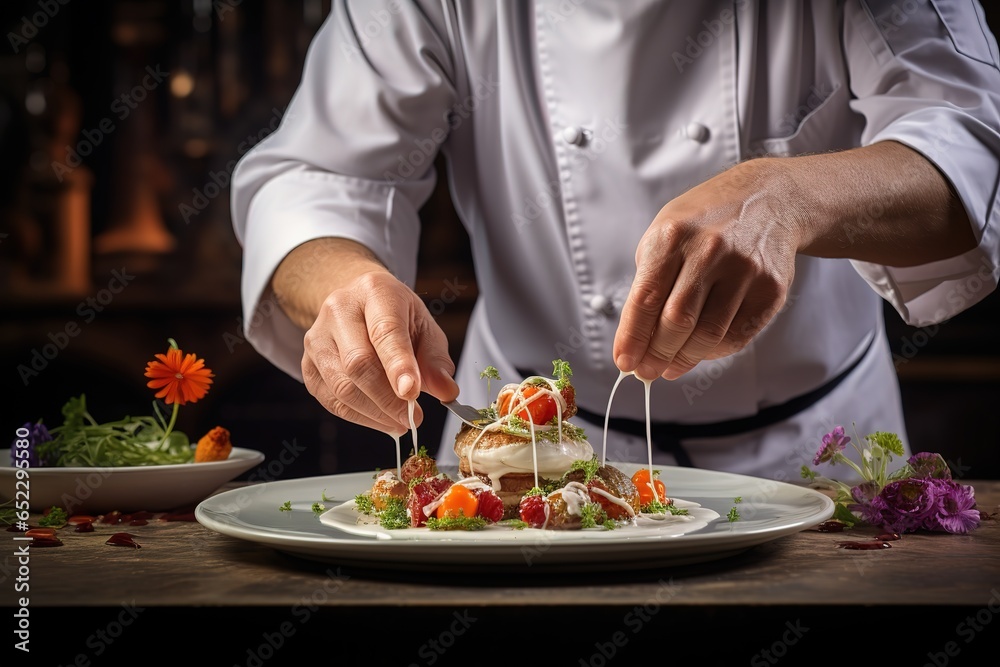 chef preparing a dish with vegetables and sauce on a plate