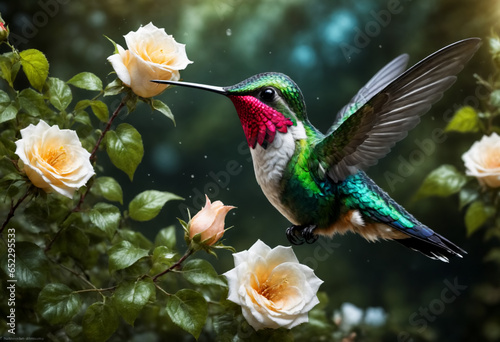 Flying hummingbird against a background of flowers. Generative AI