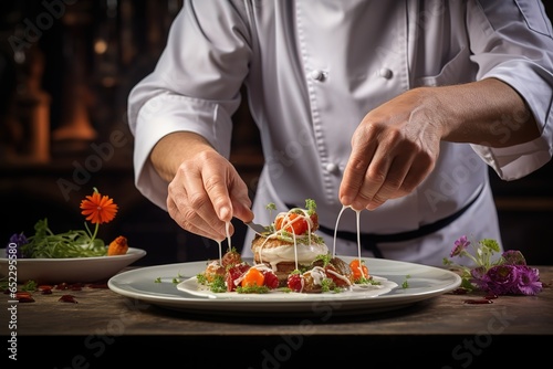 chef preparing a dish with vegetables and sauce on a plate