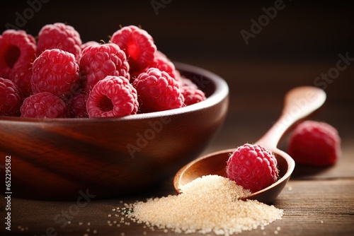 a bowl of raspberries and a spoon of sugar