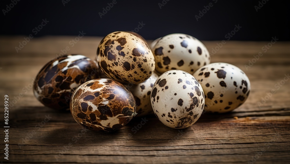 a close-up of a group of eggs on a wooden table, quail eggs on a black background