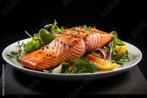 a white plate of salmon and vegetables on a table