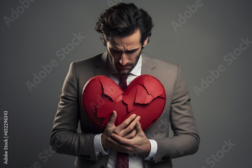 Mental health, Depression, Loss and disappointment, Concept of man hugging a broken heart, Heartbroken, Hurt, Sad mood, A failed businessman, Generative AI illustration