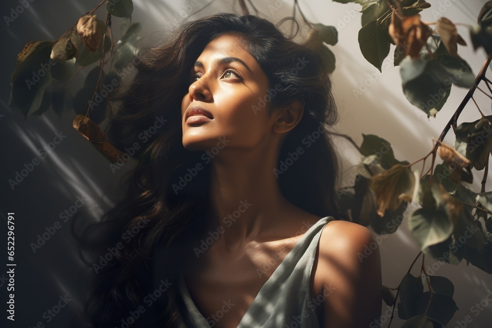 Fashion portrait of a female model with shadows of leaves falling on her face and body Fashion portrait of a female model with shadows of leaves falling on her face and body