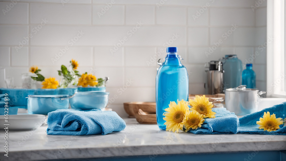 Dishwashing liquid in a bottle, flower, on a kitchen background - obrazy, fototapety, plakaty 