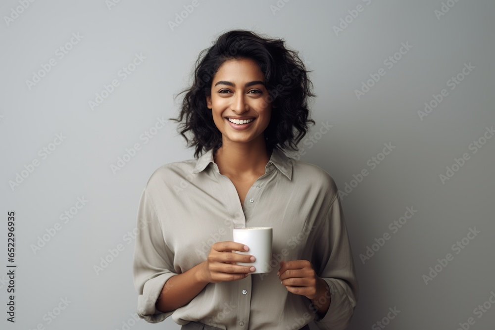 Smiling young modern female of Indian ethnicity casually holding a cup in her hand Smiling young modern female of Indian ethnicity casually holding a cup in her hand