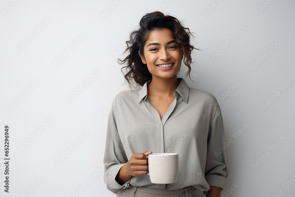 Smiling young modern female of Indian ethnicity casually holding a cup in her hand Smiling young modern female of Indian ethnicity casually holding a cup in her hand