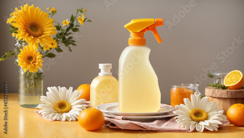 Dishwashing liquid in a bottle  flower  on a kitchen background
