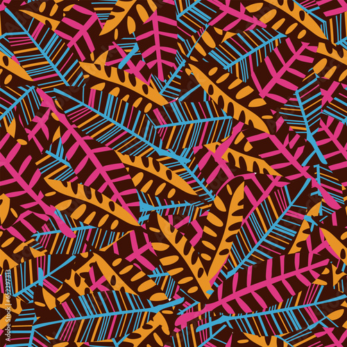 Seamless pattern with pink, blue and brown leaves in African style for textile or object prints