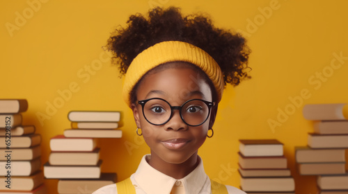 African American schoolgirl, smiling, looking at camera, wears glasses yellow background with books. Education. Self-development. Generated by AI