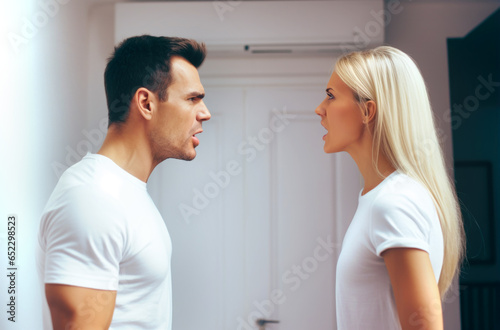Aggressive married couple, man and woman shouting at each other. Relationship crisis concept. Generated by AI