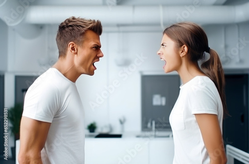 Aggressive married couple, man and woman shouting at each other. Relationship crisis concept. Generated by AI