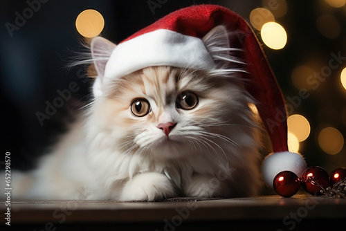 Cute kitten in a red Santa hat against a background of Christmas golden bokeh and Christmas decorations. Happy New Year and Merry Christmas!
