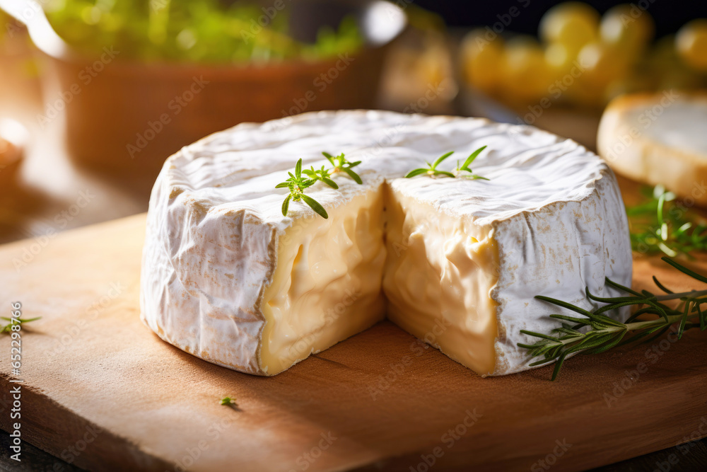 Dairy indulgence: A slice of Camembert and Brie cheese captures the essence of French gourmet cuisine, delivering a delectable and fresh taste.