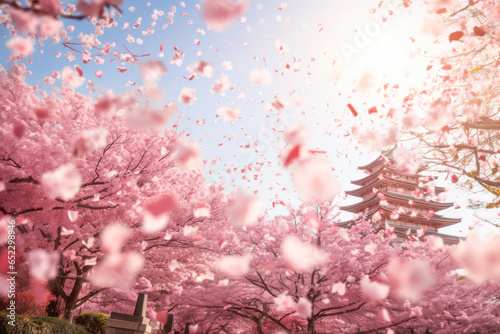 The serene ambiance of a traditional Japanese pagoda enveloped by cherry trees in their glorious spring bloom. photo