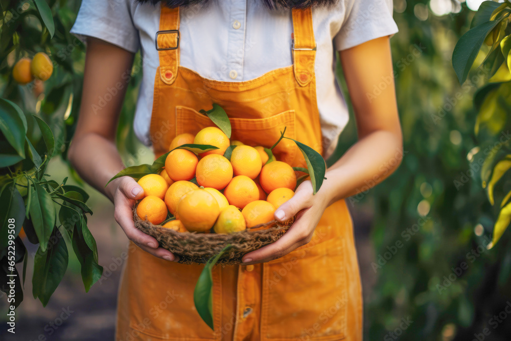 Female farmer with hands holding freshly harvested mandarin oranges, bursting with natural sweetness and packed with vitamins. - obrazy, fototapety, plakaty 