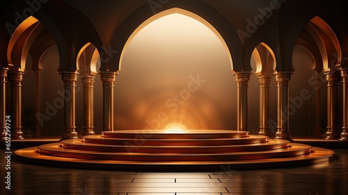 podium background in Ramadan holiday style. oriental arabic design with shades of in beige gold and yellow shades. ai generative