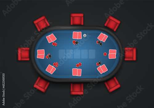 Poker table with chips, cards and chairs. Vector illustration.