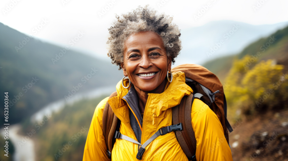 Healthy retirement lifestyle. Portrait of an elderly African American woman in the forest. Joyful beautiful retired woman traveling through the forest. Generated by AI