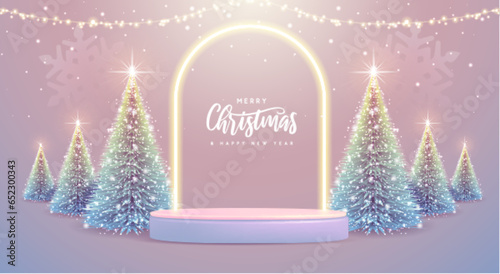Holiday Christmas showcase background with 3d podium, neon arch and Christmas tree. Vector illustration