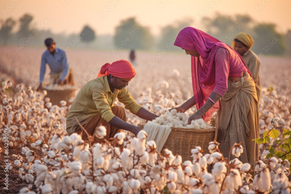 A dedicated cotton female picker in India carefully gathering cotton crops from the fields, highlighting the close connection between nature, agriculture, and the industry.