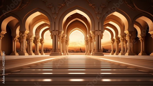 podium background in Ramadan holiday minimalism style . oriental arabic design with shades of beige colors. ai generative