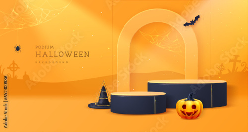 Halloween showcase background with 3d podiums, halloween pumpkin and cemetery. Halloween spooky background. Abstract minimal scene. Vector illustration