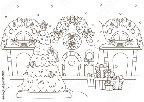 Christmas outdoor background with cozy winter houses and christmas tree, new year theme coloring page for kids and adults, activity for print, cozy outline village