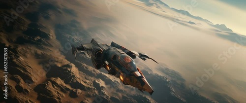 Wide shot of futuristic spaceship flying over a planet at dawn. Anamorphic 4k footage photo