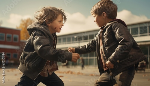 Two elementary school boys fighting at school yard photo