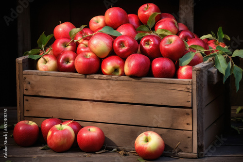 Fresh red apples in wooden box