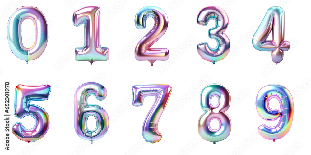 Numbers from 0 to 9 made with foil holographic birthday balloons - obrazy, fototapety, plakaty 