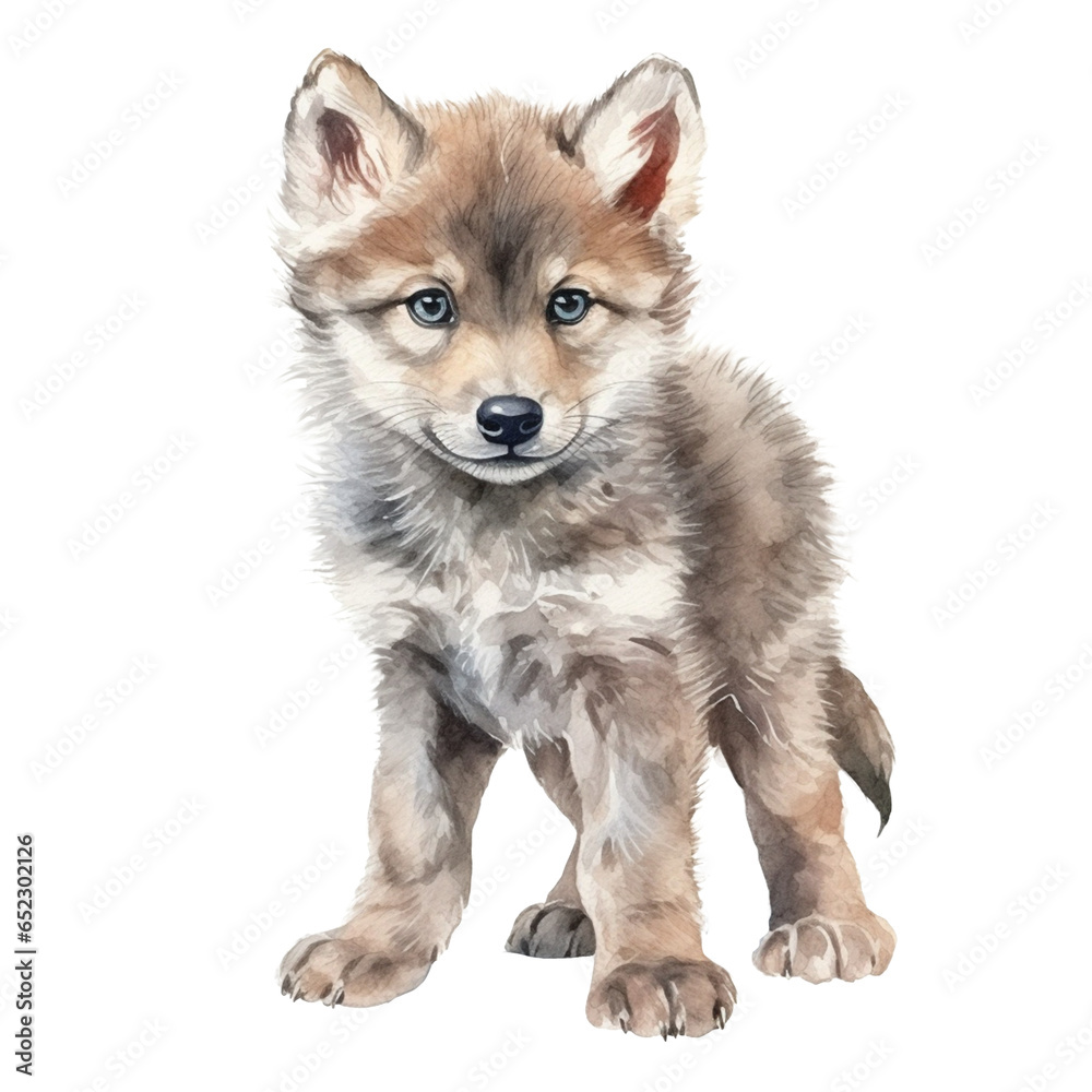 Cute wolf watercolor illustration. PNG. Ai generated illustration.