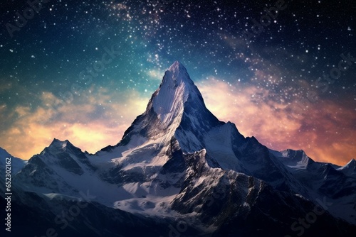 Snow-capped mountain with stunning Milky Way stars in the background. Generative AI