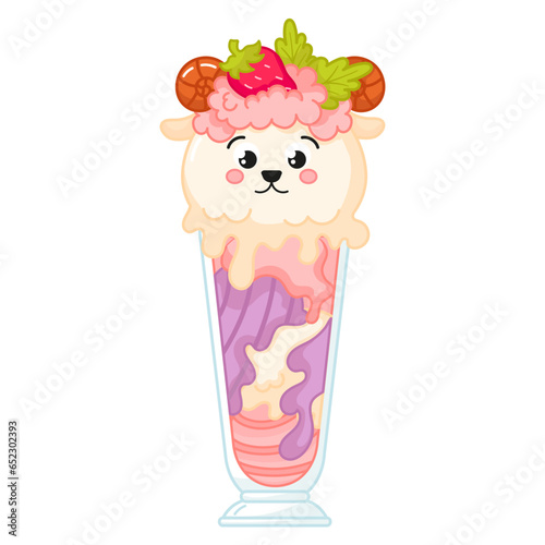 Tasty kawaii sheep shaped ice cream in glass with strawberry cartoon for summer themed greeting card or designs, frozen dessert object, sweet gelato for kids
