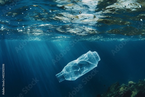 A plastic bottle floats in the sea. Generative AI © Una