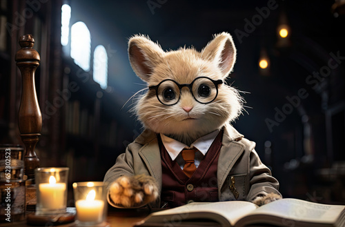 Clever rabbit with glasses at library. © mitarart