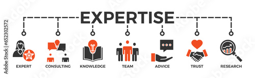 Expertise banner web icon vector illustration concept representing high-level knowledge and experience with an icon of expert, consulting, knowledge, team, advice, trust, and research