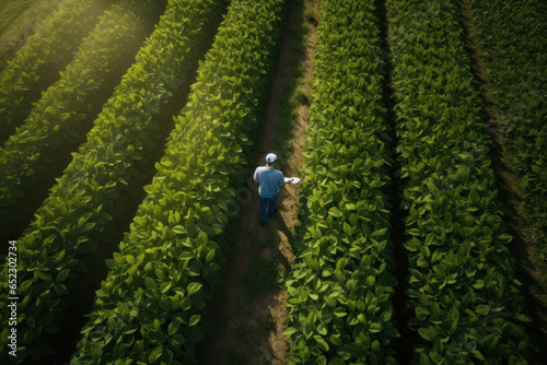 Top view of farmer walking at agriculture field.
