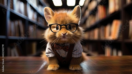 Cute rabbit with glasses at library.