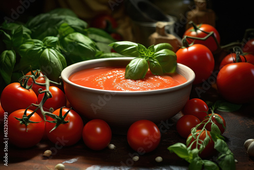 Red tomatoes soup in bowl