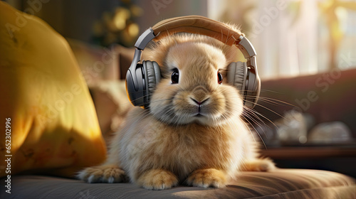Little rabbit with headphones in living room.