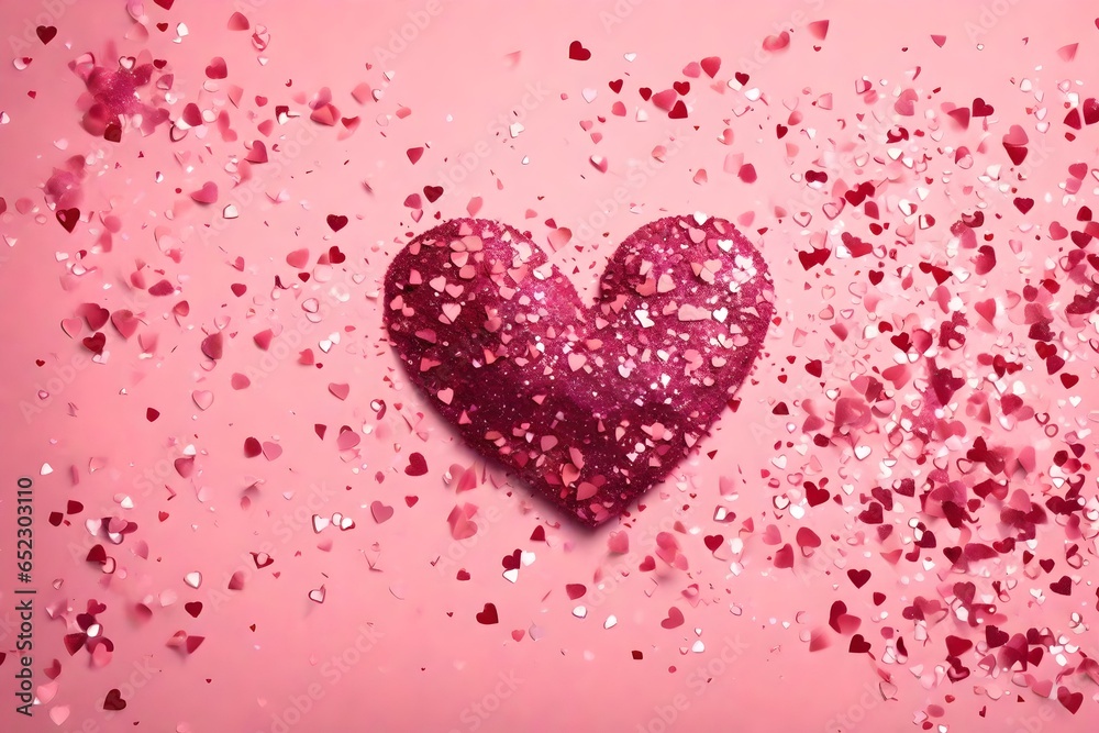 Glitter heart dissolving into pieces on pink background. Valentines day, broken heart and love emergence concept. Horizontal wide screen banner format