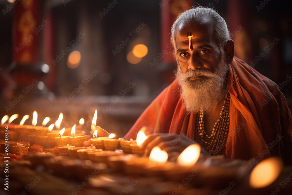 Monk doing puja or praying on diwali festival. - obrazy, fototapety, plakaty 