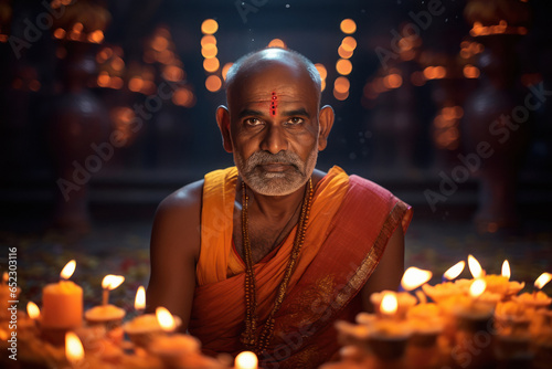 Monk doing puja or praying on diwali festival. photo