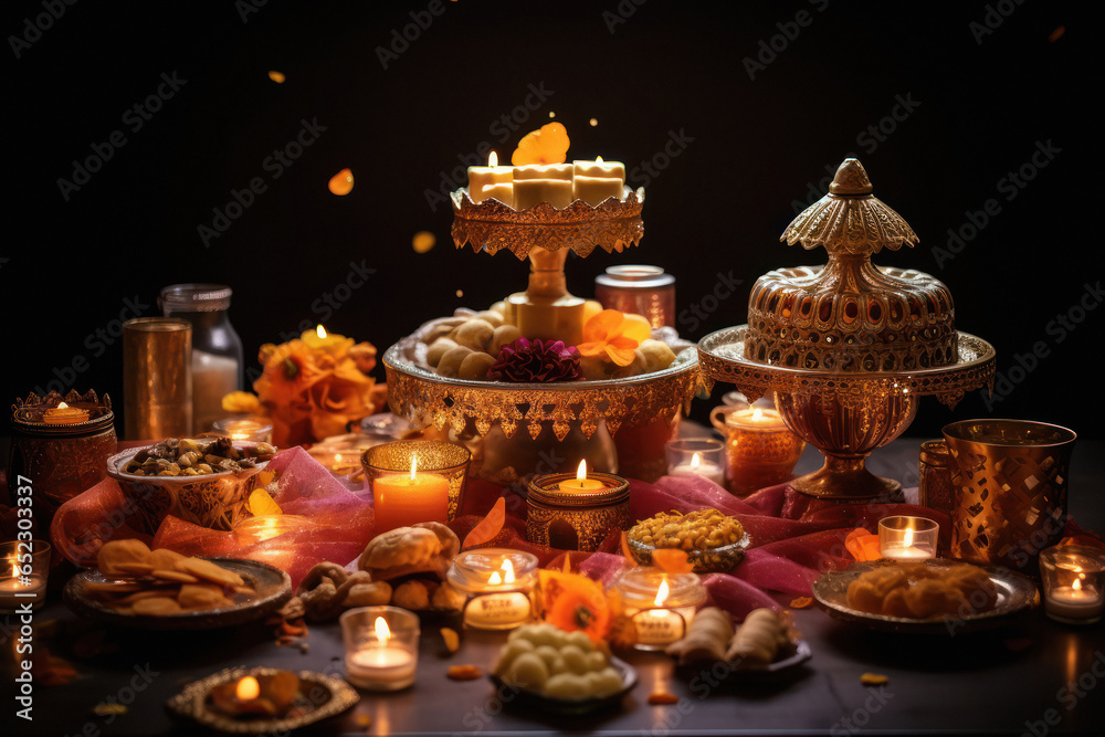 Indian sweets and meal on diwali festival.