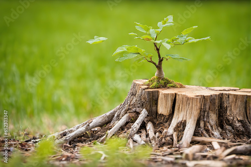 A new sapling grows from a log in the forest outdoors