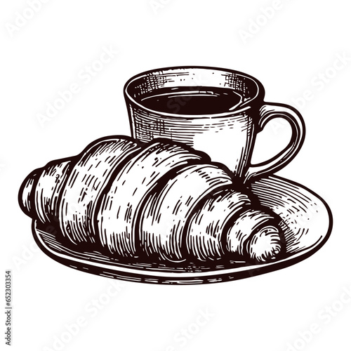 croissant and cup of coffee, tea, hot chocolate vintage sketch